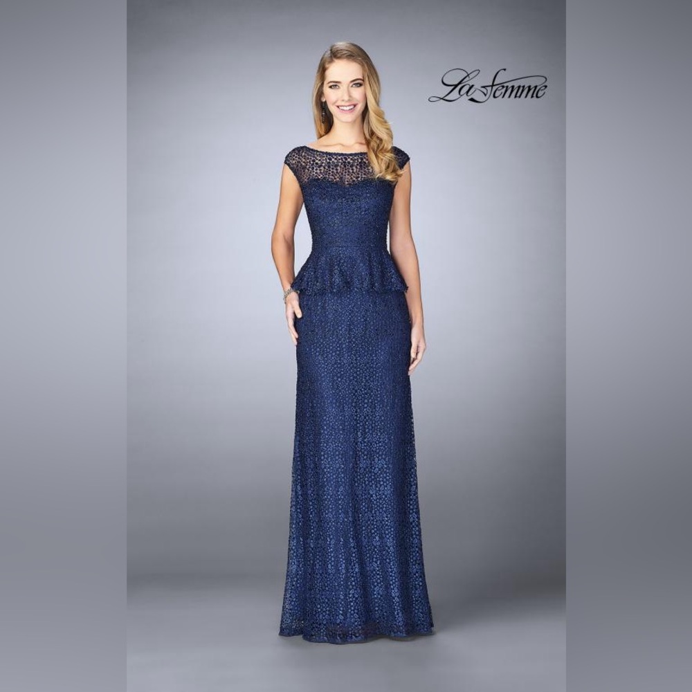 La Femme Mother of the Bride Navy Blue Lace Evening Gown 24896